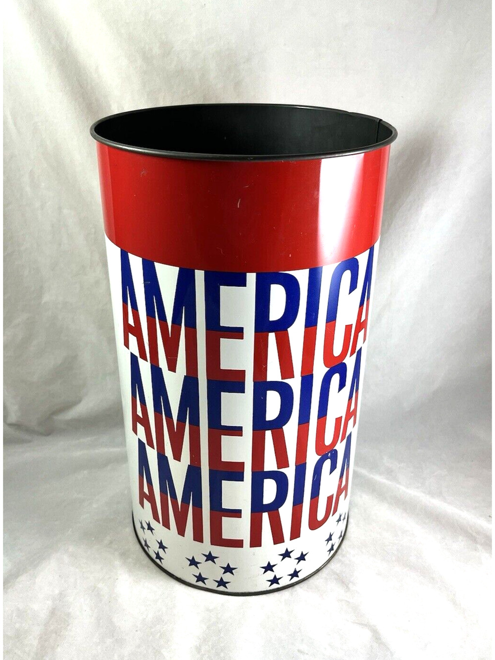 JL Clark Metal Patriotic AMERICA Trash Can Wastebasket Stars Stripes Vintage